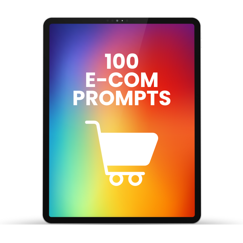 Image featuring a dynamic advertisement for '100 E-Commerce Prompts,' showcasing a digital shopping cart filled with various icons representing online sales, digital marketing, and e-commerce strategies, all aimed at boosting online store success.